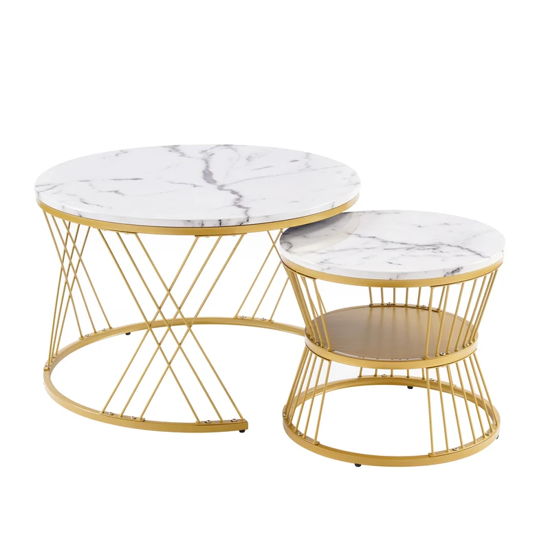 Ensemble de 2 tables basses rondes gigognes effet marbre blanc, piètement doré VIBRATIO