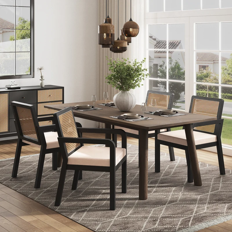 Lot de 2 de chaises de salle à manger dossier rotin, velours beige et bois noir - élégance rétro HELIOCURRENT