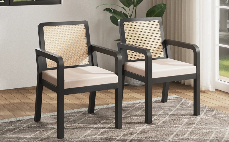 Lot de 2 de chaises de salle à manger dossier rotin, velours beige et bois noir - élégance rétro HELIOCURRENT