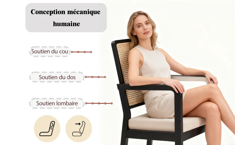 Lot de 2 de chaises de salle à manger dossier rotin, velours beige et bois noir - élégance rétro HELIOCURRENT