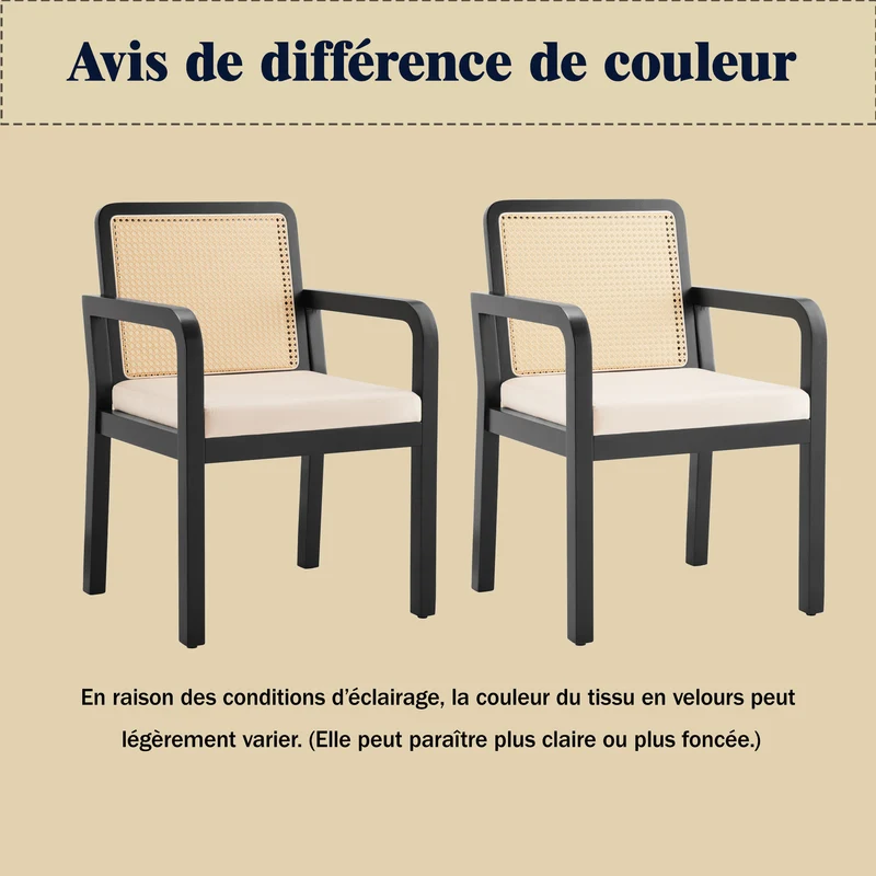 Lot de 2 de chaises de salle à manger dossier rotin, velours beige et bois noir - élégance rétro HELIOCURRENT