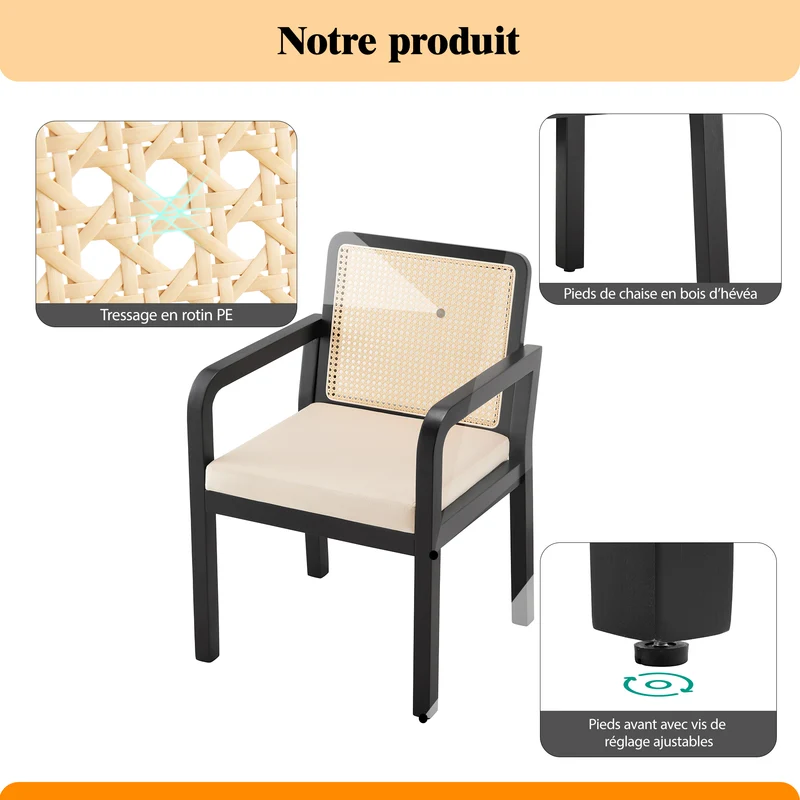 Lot de 2 de chaises de salle à manger dossier rotin, velours beige et bois noir - élégance rétro HELIOCURRENT