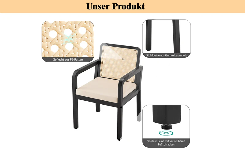 Lot de 2 de chaises de salle à manger dossier rotin, velours beige et bois noir - élégance rétro HELIOCURRENT