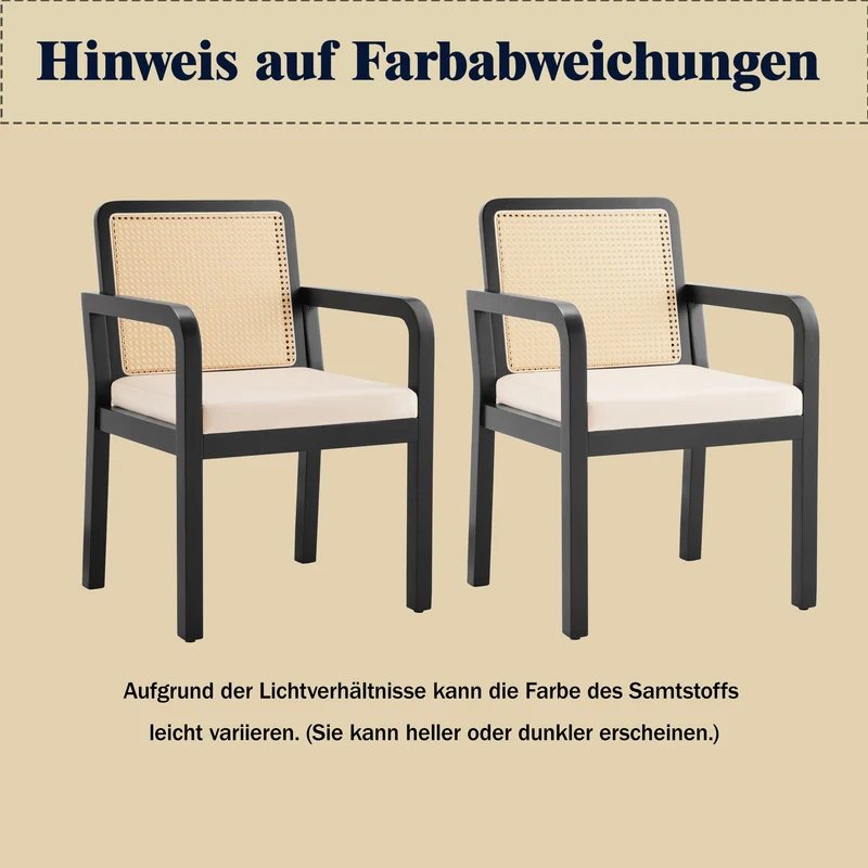 Lot de 2 de chaises de salle à manger dossier rotin, velours beige et bois noir - élégance rétro HELIOCURRENT