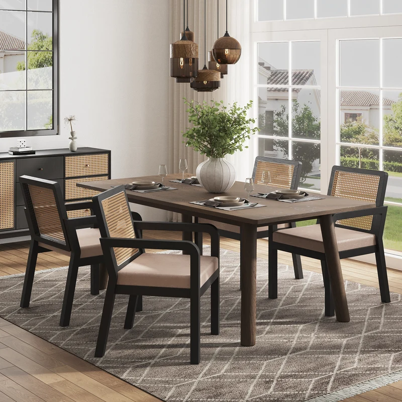 Lot de 2 de chaises de salle à manger dossier rotin, velours beige et bois noir - élégance rétro HELIOCURRENT