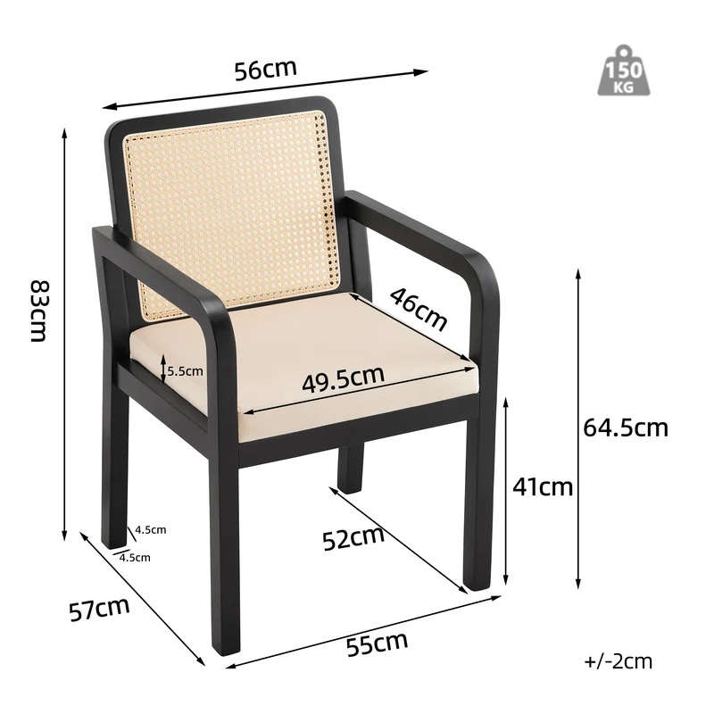 Lot de 2 de chaises de salle à manger dossier rotin, velours beige et bois noir - élégance rétro HELIOCURRENT