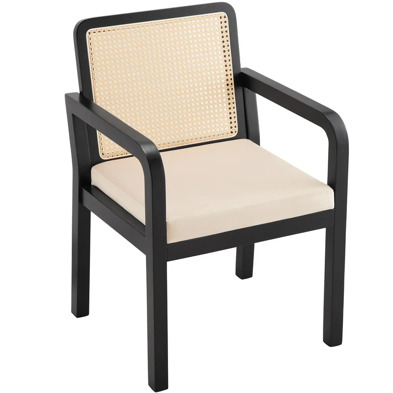 Lot de 2 de chaises de salle à manger dossier rotin, velours beige et bois noir - élégance rétro HELIOCURRENT