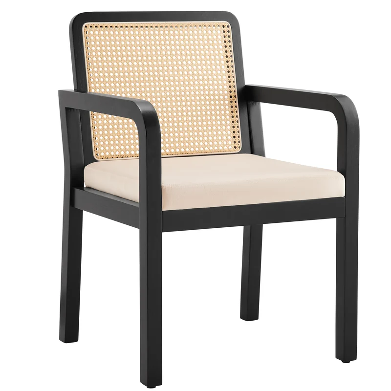 Lot de 2 de chaises de salle à manger dossier rotin, velours beige et bois noir - élégance rétro HELIOCURRENT