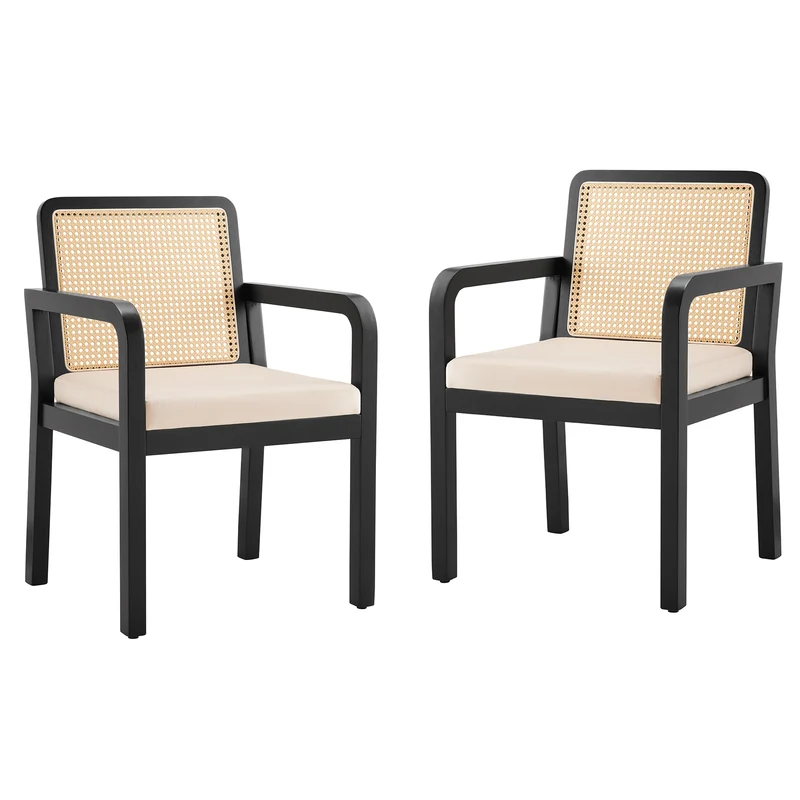 Lot de 2 de chaises de salle à manger dossier rotin, velours beige et bois noir - élégance rétro HELIOCURRENT