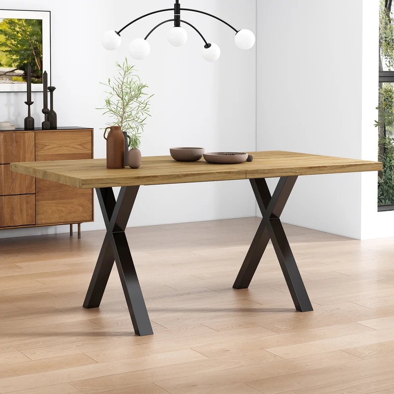 Table à manger rectangulaire effet bois chêne style industriel pieds croisés 140x80cm CRYPTOBIO
