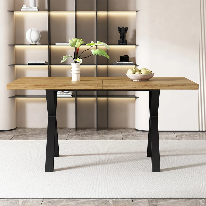 Table à manger rectangulaire effet bois chêne style industriel pieds croisés 140x80cm CRYPTOBIO