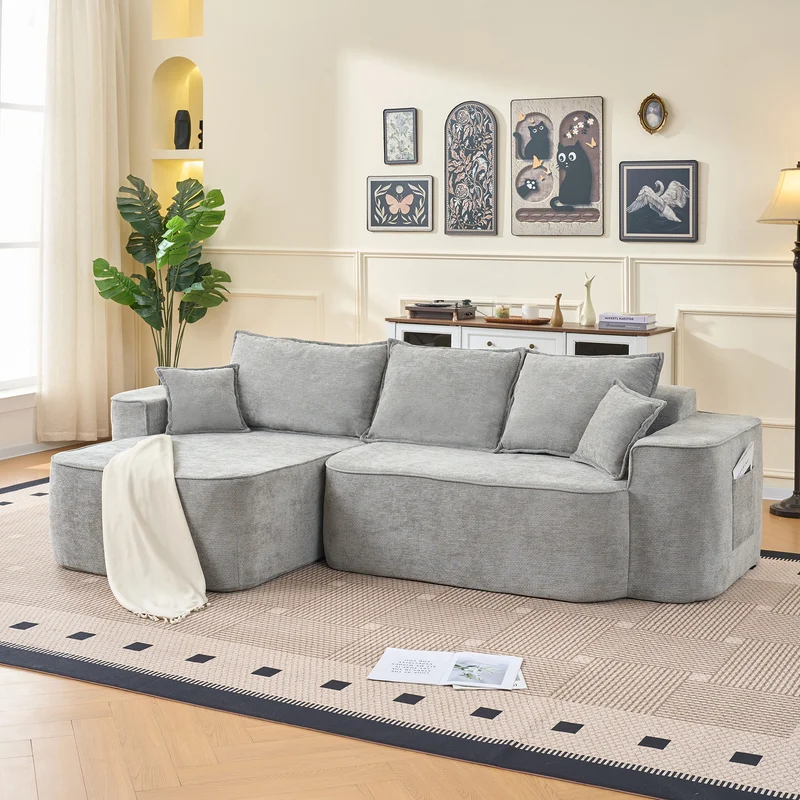 Canapé d'angle XXL L-Form modulable 264cm en chenille gris clair, profond, sans montage, confort moelleux DECENTRA
