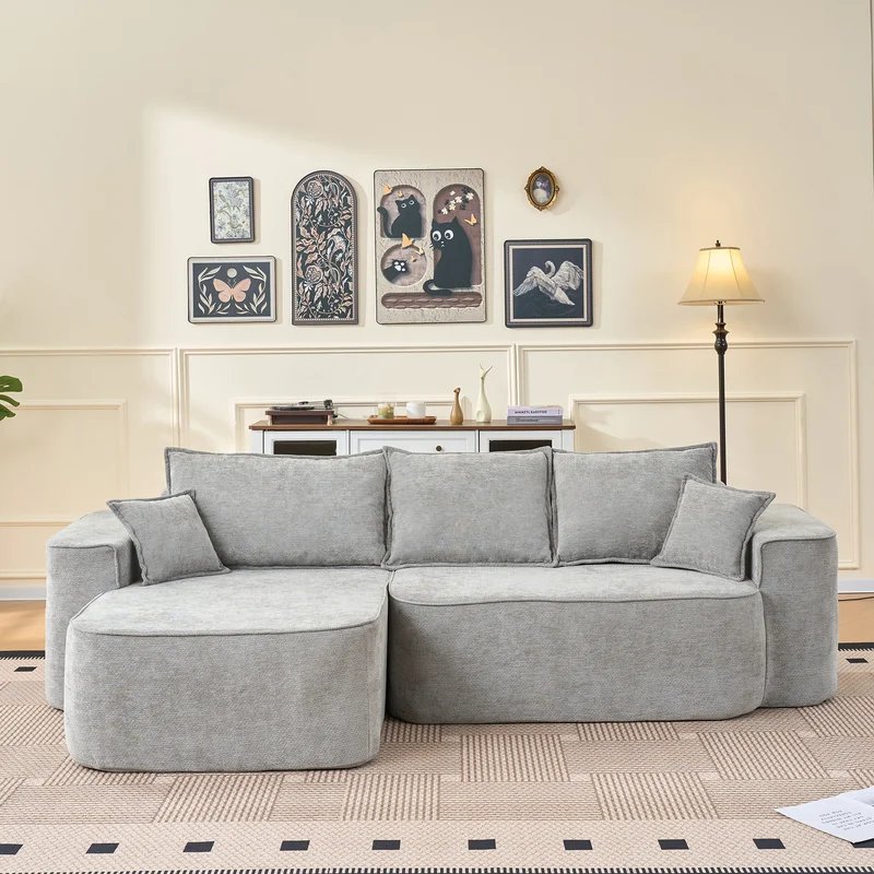 Canapé d'angle XXL L-Form modulable 264cm en chenille gris clair, profond, sans montage, confort moelleux DECENTRA
