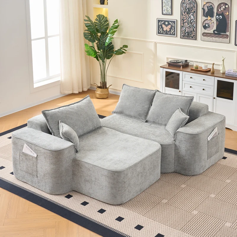 Canapé d'angle XXL L-Form modulable 264cm en chenille gris clair, profond, sans montage, confort moelleux DECENTRA