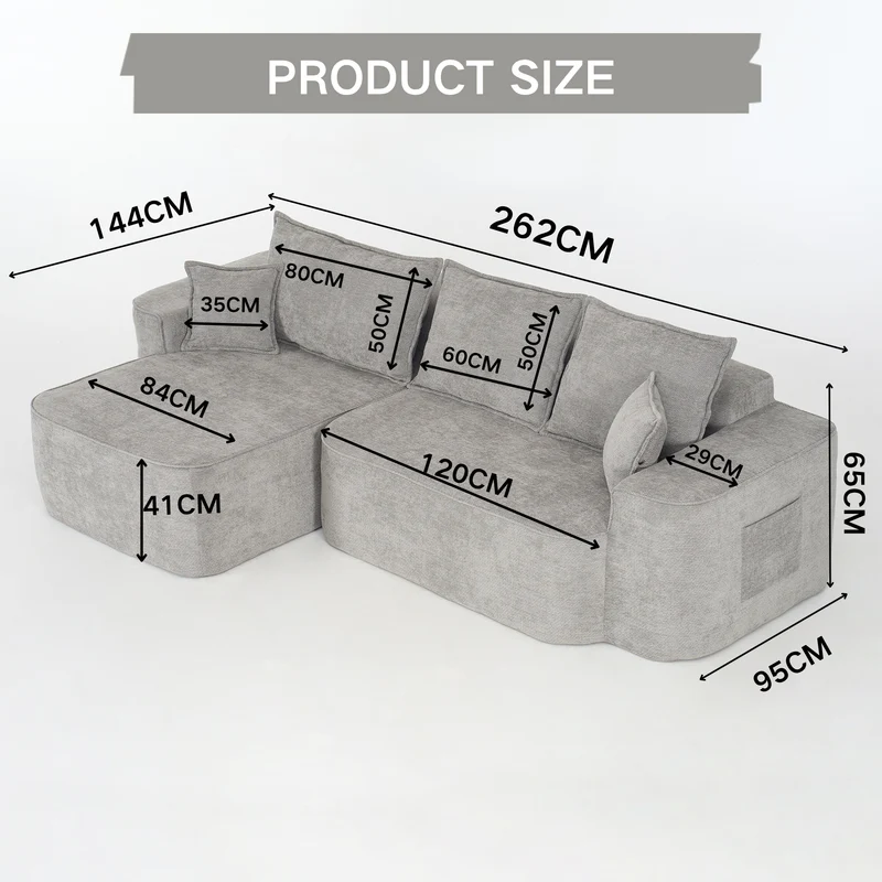 Canapé d'angle XXL L-Form modulable 264cm en chenille gris clair, profond, sans montage, confort moelleux DECENTRA