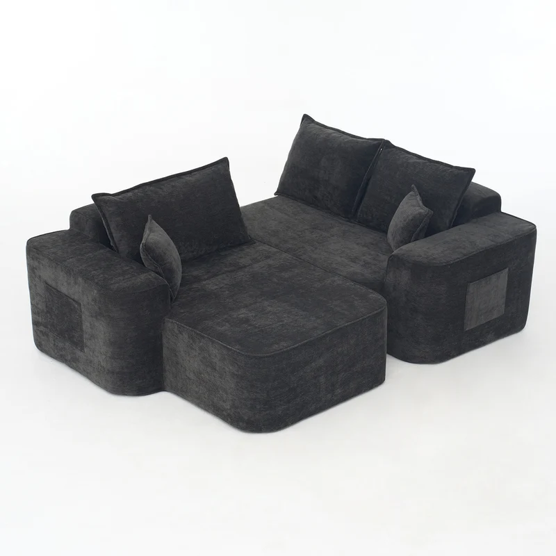 Canapé d'angle XXL L-Form modulable 264cm en chenille noire, profond, sans montage, confort moelleux METAVERS