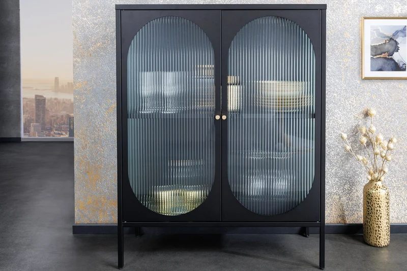 Vitrine moderne PARIS 110cm meuble buffet en verre nervuré noir doré