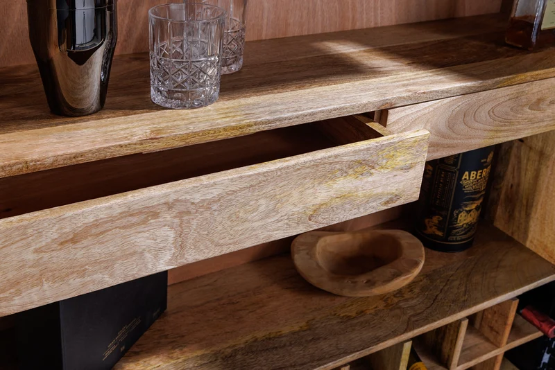 Meuble bar artisanal GOLDEN SUNSET 140cm noir doré bois de manguier massif