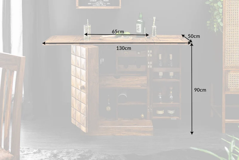 Meuble bar artisanal MOSAICO 130cm bois de sheesham marron finition pierre effet 3D