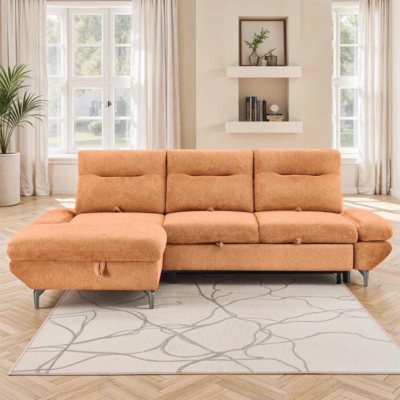 Canapé d'angle convertible avec coffre en tissu et dossier retractable, 267x161xH97CM - LAVINO