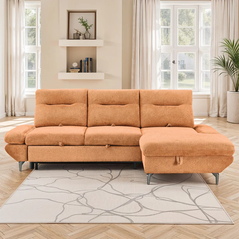 Canapé d'angle convertible avec coffre en tissu et dossier retractable, 267x161xH97CM - LAVINO