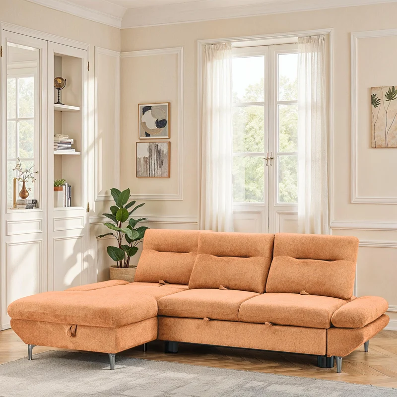 Canapé d'angle convertible avec coffre en tissu et dossier retractable, 267x161xH97CM - LAVINO