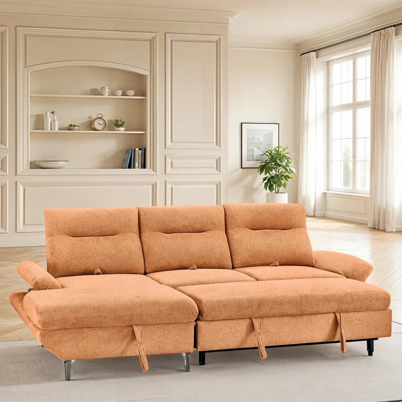 Canapé d'angle convertible avec coffre en tissu et dossier retractable, 267x161xH97CM - LAVINO
