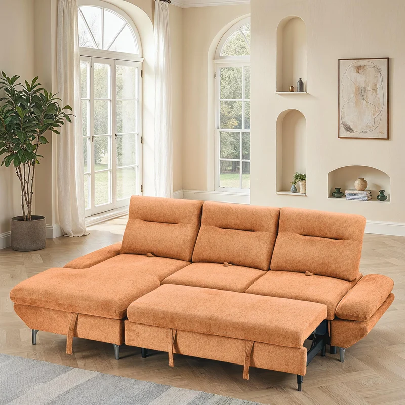 Canapé d'angle convertible avec coffre en tissu et dossier retractable, 267x161xH97CM - LAVINO