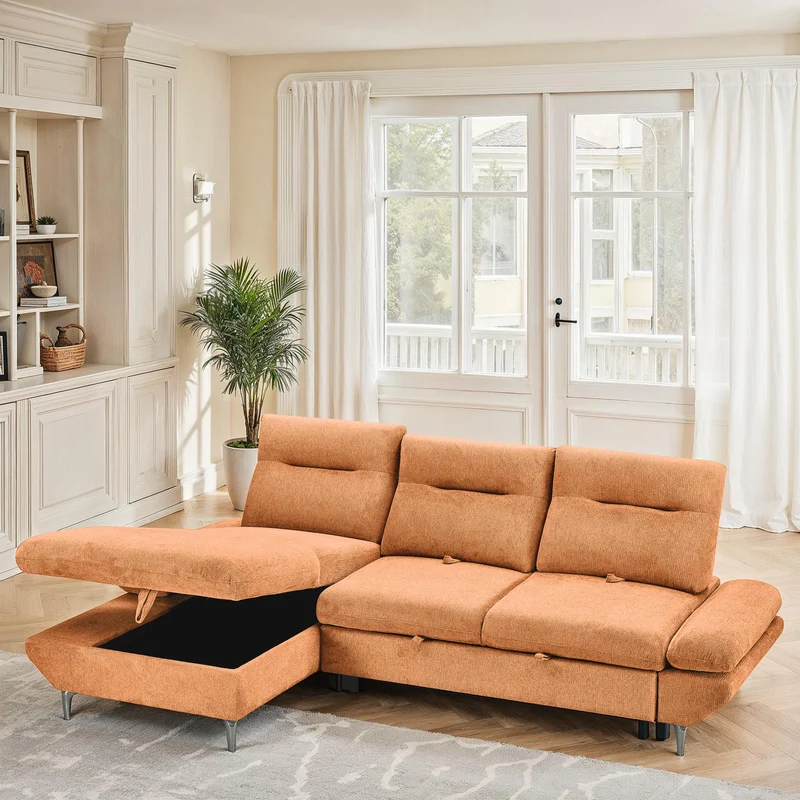 Canapé d'angle convertible avec coffre en tissu et dossier retractable, 267x161xH97CM - LAVINO