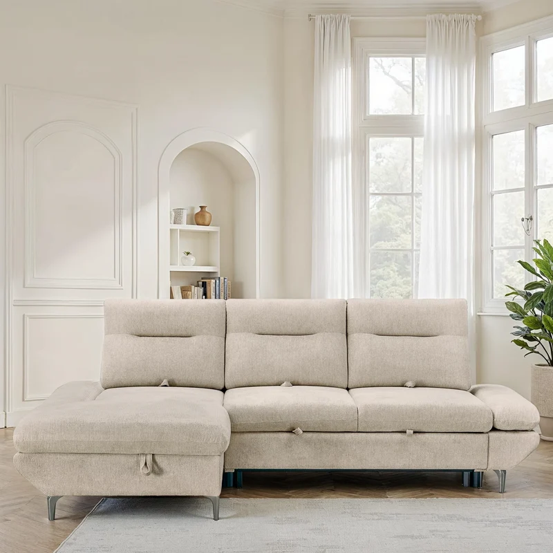 Canapé d'angle convertible avec coffre en tissu et dossier retractable, 267x161xH97CM - LAVINO