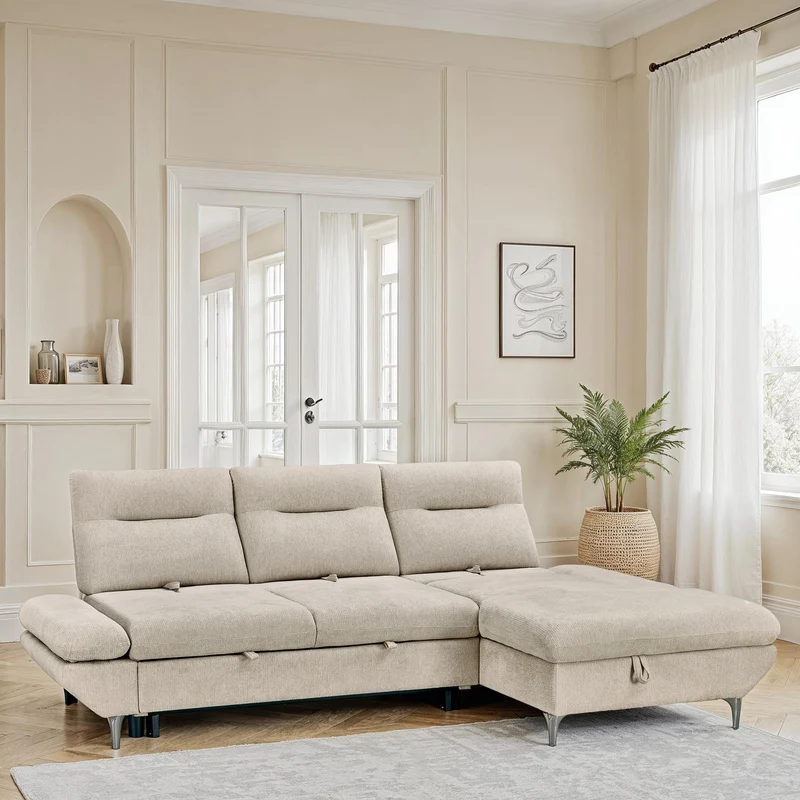 Canapé d'angle convertible avec coffre en tissu et dossier retractable, 267x161xH97CM - LAVINO