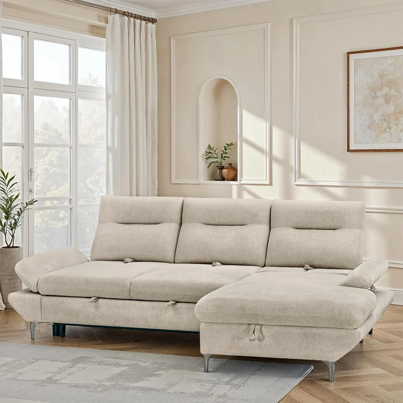 Canapé d'angle convertible avec coffre en tissu et dossier retractable, 267x161xH97CM - LAVINO