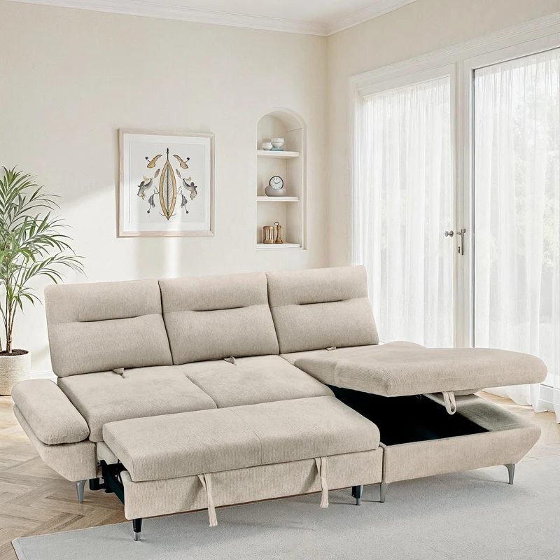 Canapé d'angle convertible avec coffre en tissu et dossier retractable, 267x161xH97CM - LAVINO