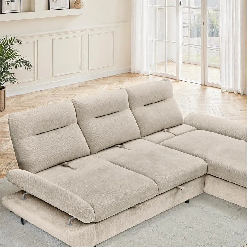 Canapé d'angle convertible avec coffre en tissu et dossier retractable, 267x161xH97CM - LAVINO