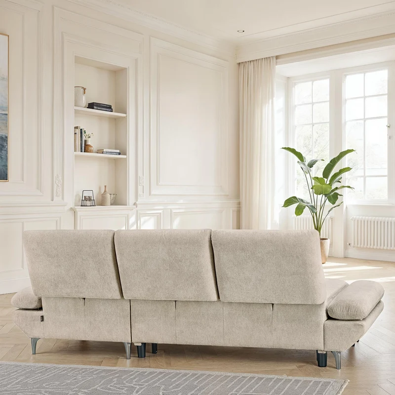 Canapé d'angle convertible avec coffre en tissu et dossier retractable, 267x161xH97CM - LAVINO