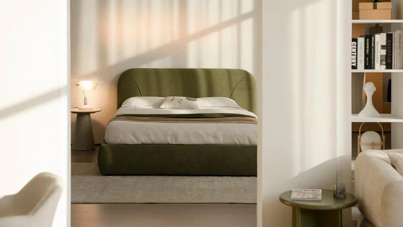 Lit en tissu vert avec sommier Softy