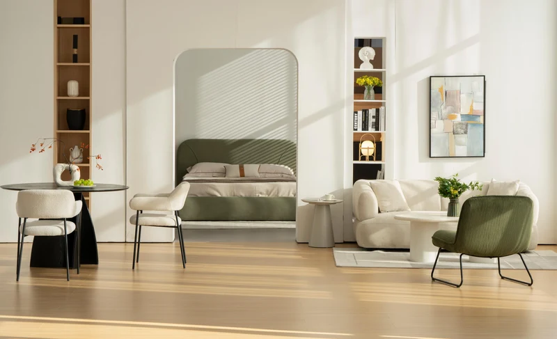 Lit en tissu vert avec sommier Softy