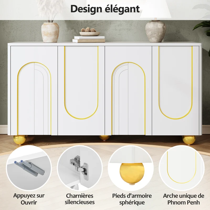 Buffet blanc motifs arche à 4 portes et pieds dorés 140×40×74cm PILLOWSTONE