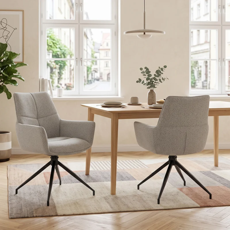 Lot de 2 chaises de salle à manger pivotantes 360° en tissu gris clair et accoudoirs PLANTPLUS