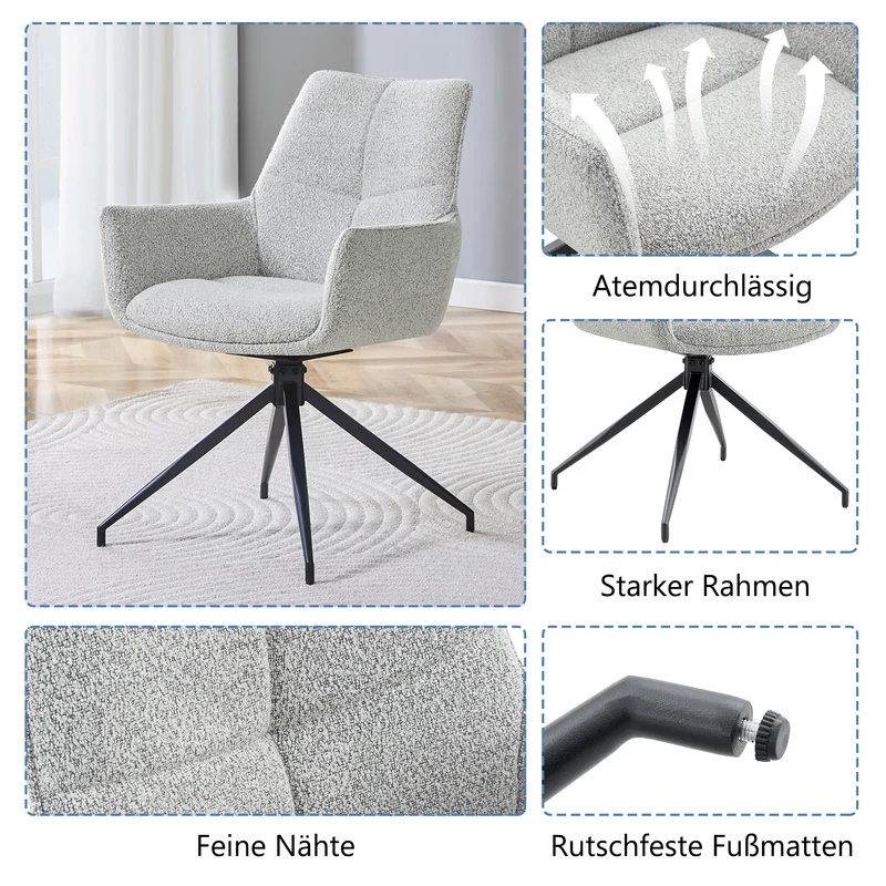 Lot de 2 chaises de salle à manger pivotantes 360° en tissu gris clair et accoudoirs PLANTPLUS