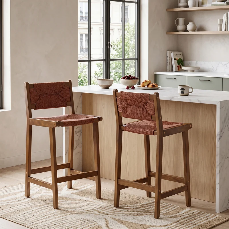 Lot de 2 tabourets de bar en bois massif rustiques avec cannage en corde PLANTBLACK