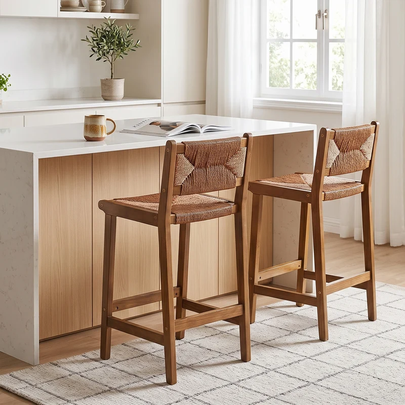 Lot de 2 tabourets de bar en bois massif rustiques avec cannage en corde PLANTBLACK