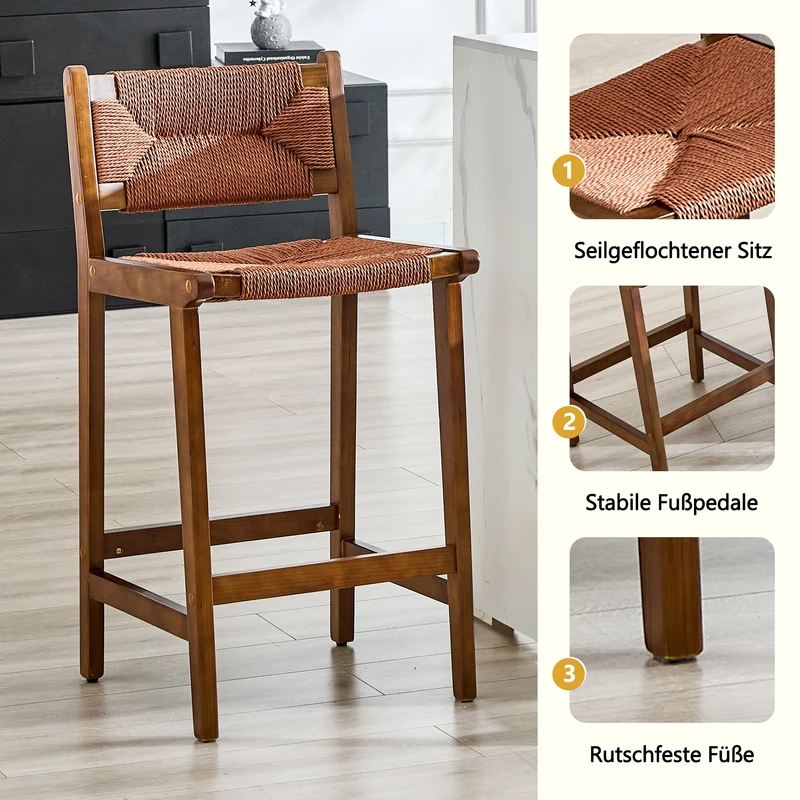 Lot de 2 tabourets de bar en bois massif rustiques avec cannage en corde PLANTBLACK
