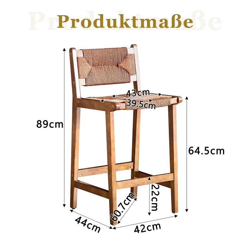 Lot de 2 tabourets de bar en bois massif rustiques avec cannage en corde PLANTBLACK
