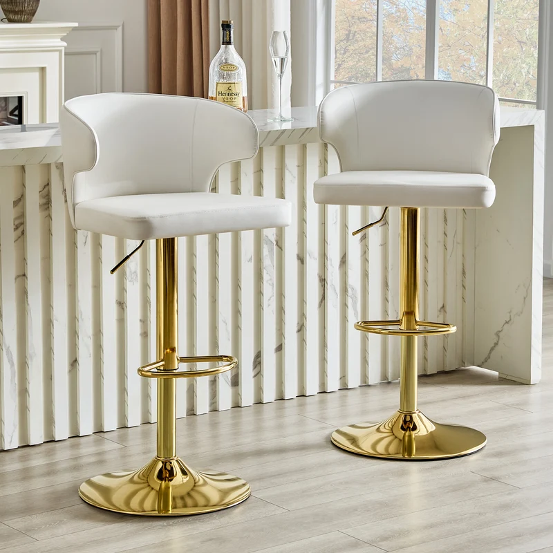 Lot de 2 tabourets de bar blancs en PU pivotants 360° et repose-pieds dorés PINEPRO