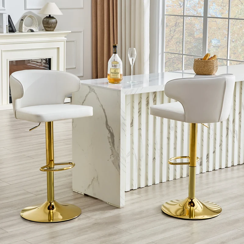 Lot de 2 tabourets de bar blancs en PU pivotants 360° et repose-pieds dorés PINEPRO