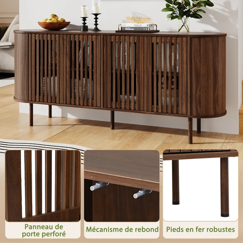 Buffet effet noyer 4 portes coulissantes ajourées 160x40x70cm PANELPRO