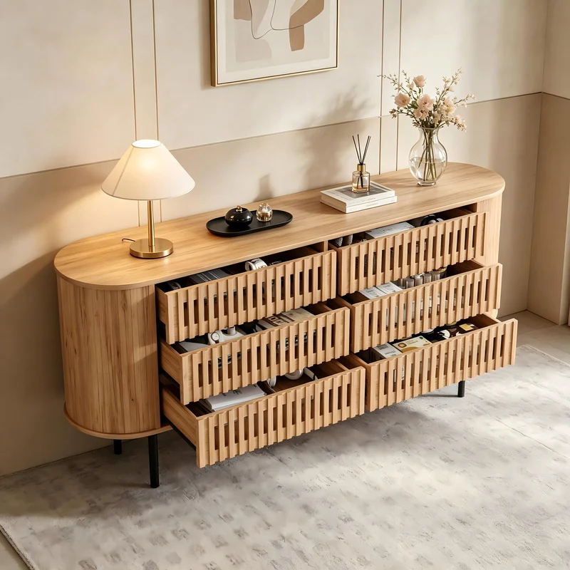 Buffet 160 cm effet bois, 6 tiroirs design à lattes, style cannage naturel PANELRESIN