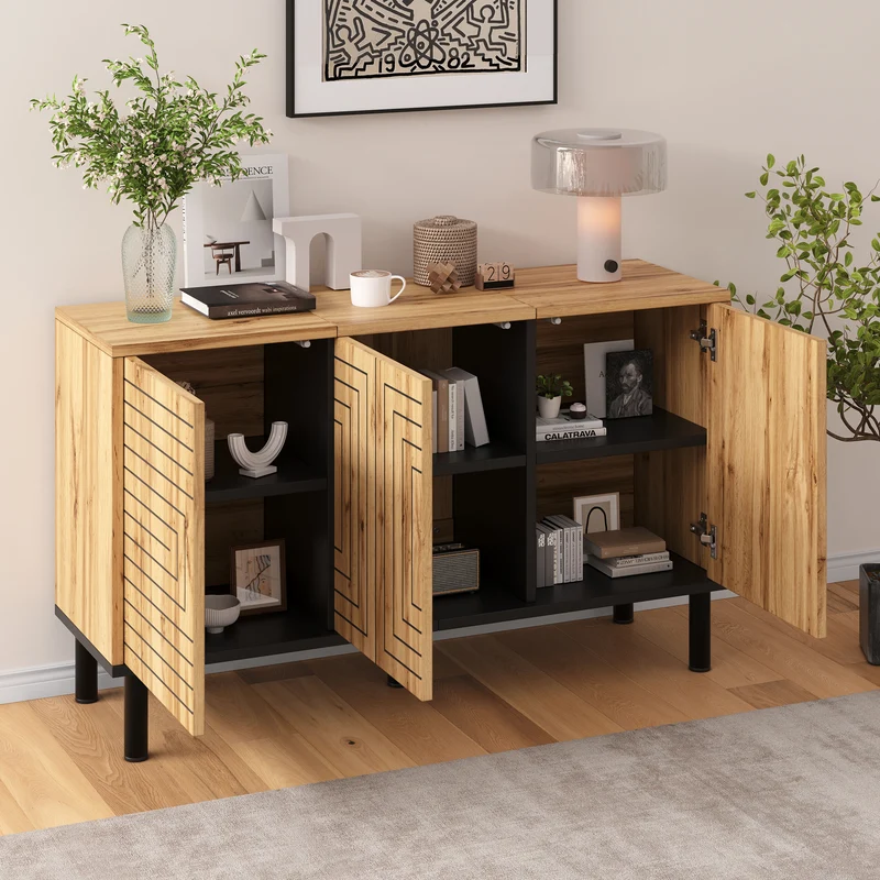 Buffet effet bois design geometric 3 portes 6 compartiments MODERNCORNER
