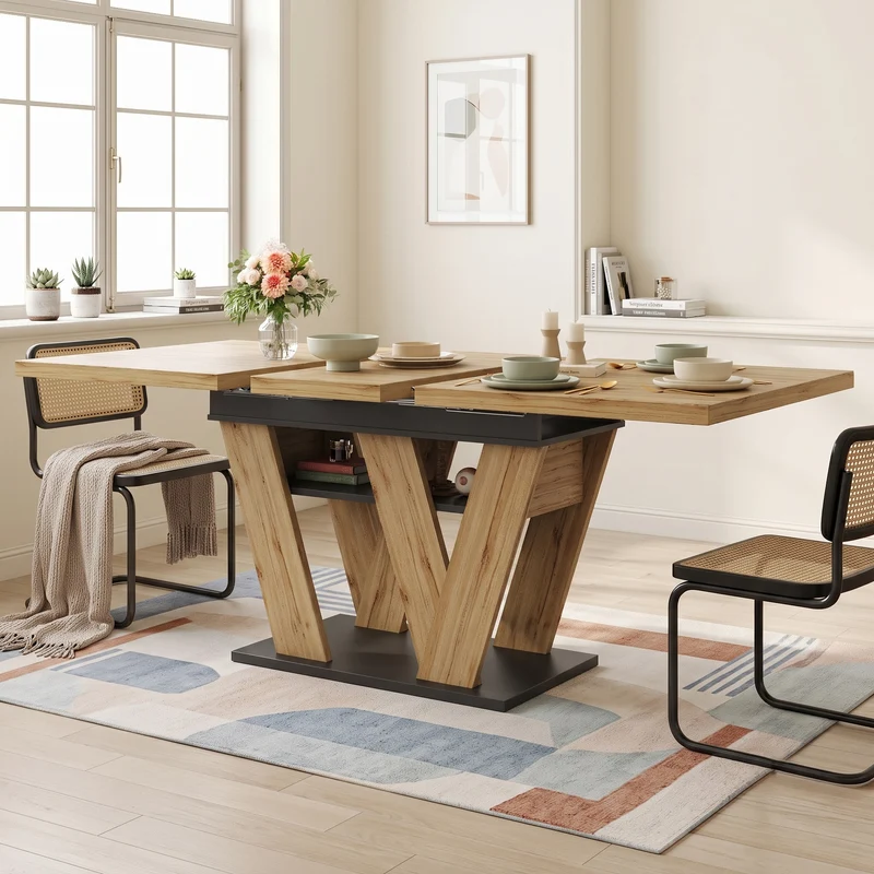 Table de salle à manger extensible effet bois naturel, pieds en W et rangement 119-158,5×80cm MODERNSTYLE